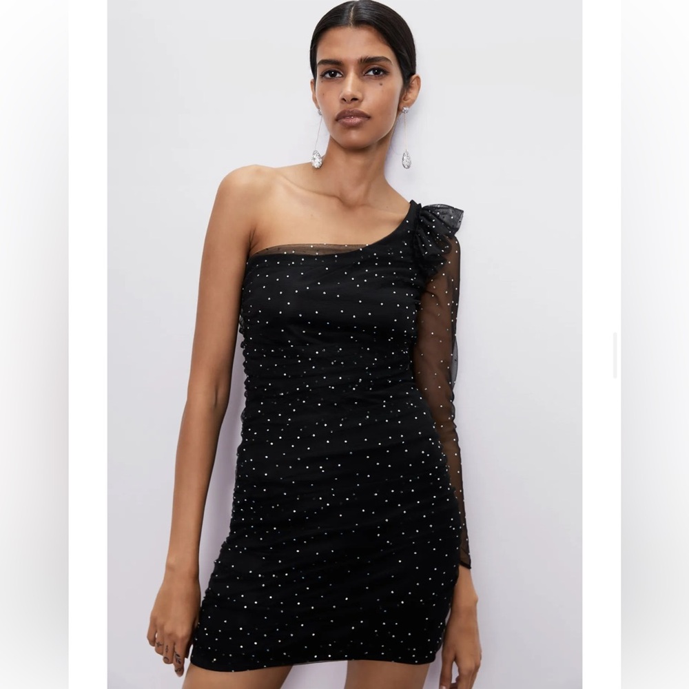 NWT ZARA | Bejewelled Asymmetric Black Tulle Dress SZ L